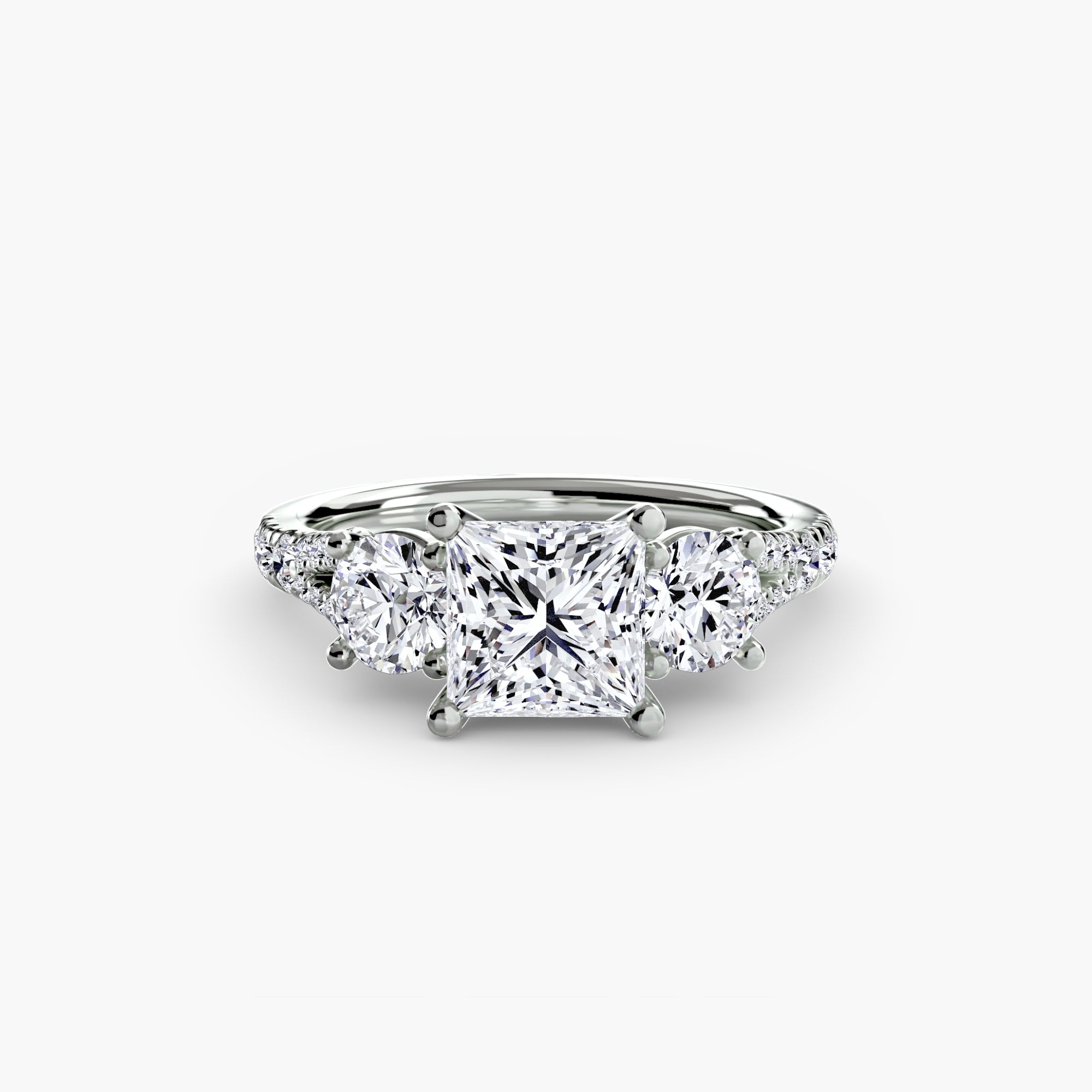 Three-Stone with Pavé Band 3 ring setting in 14k white gold with princess center stone