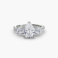 Three-Stone Ring with Pavé Band 4 ring setting in 14k white gold with pear center stone