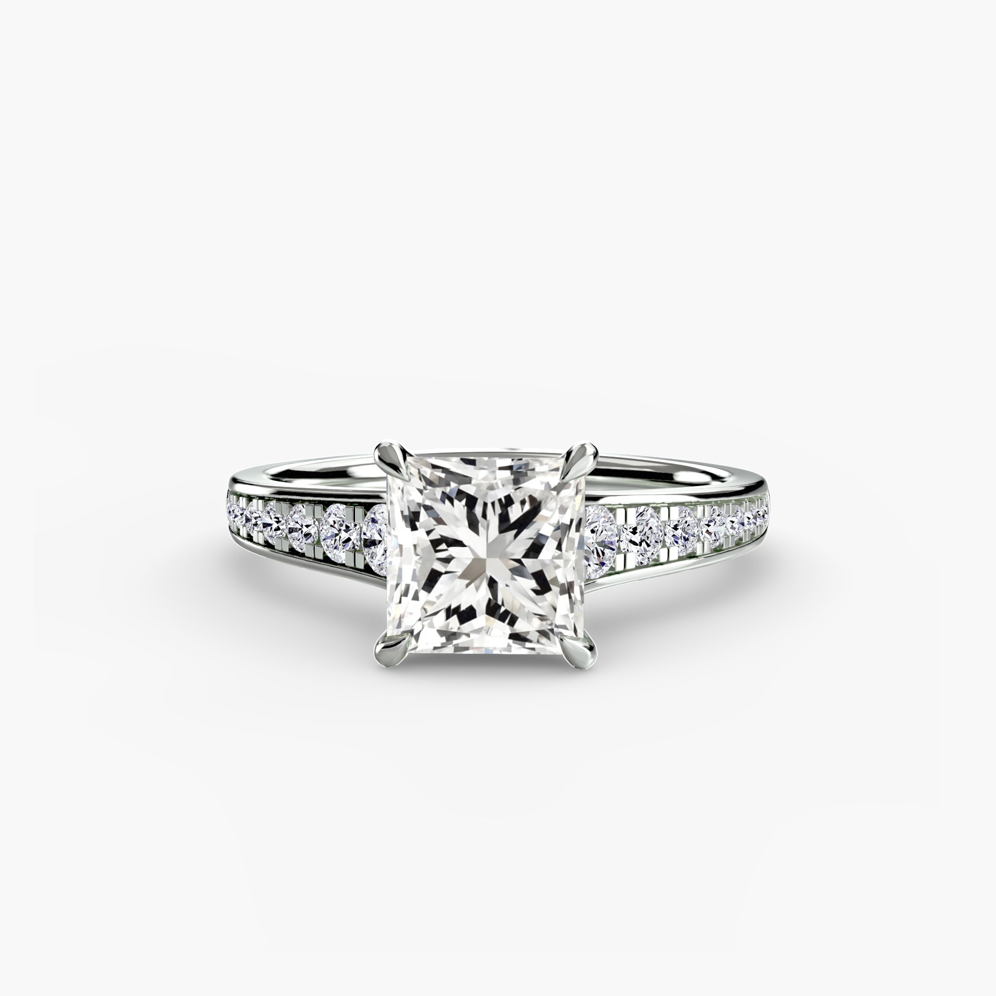 Solitaire with Pavé 7 ring setting in 14k white gold with princess center stone