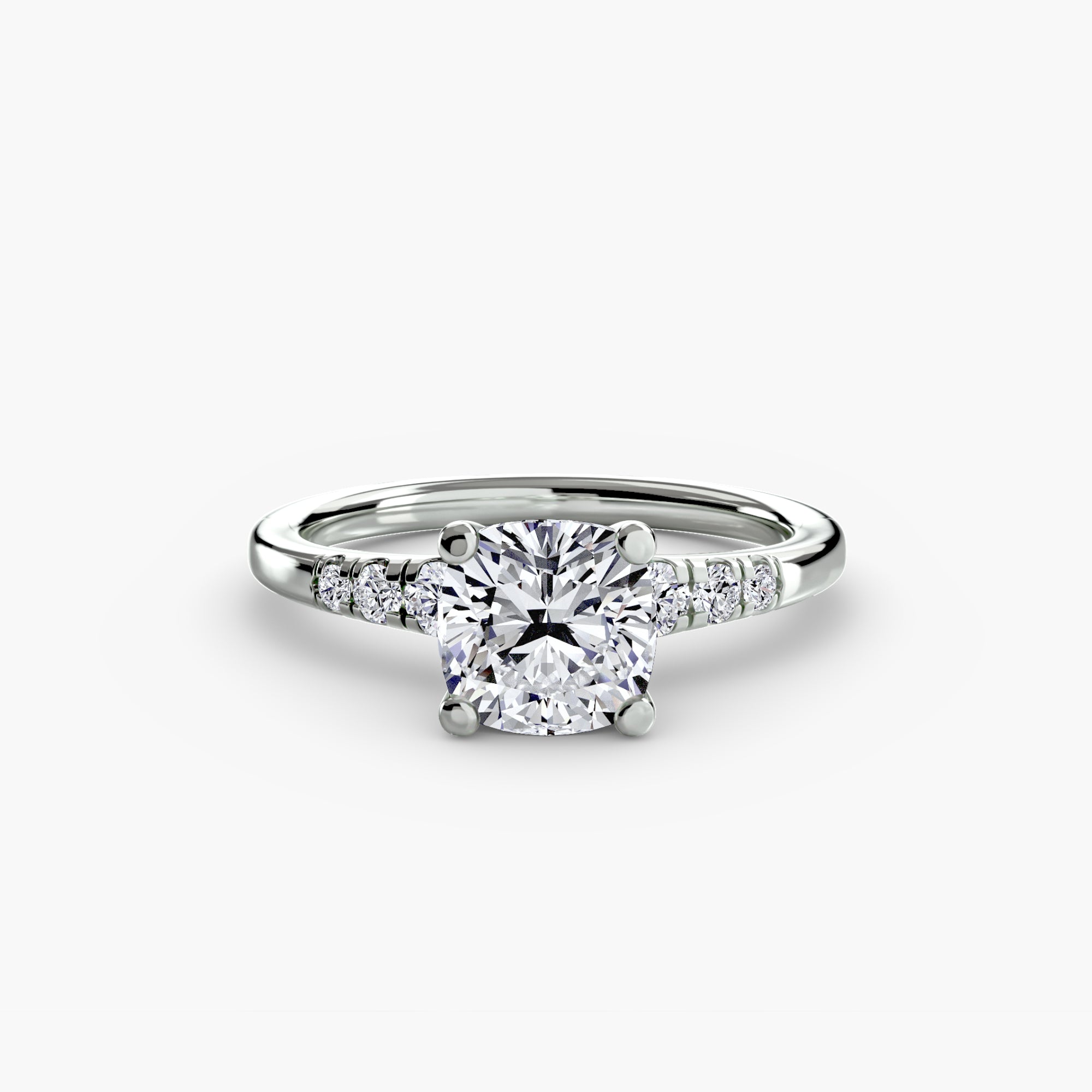 Solitaire with Shoulder Accents ring setting in 14k white gold with cushion center stone