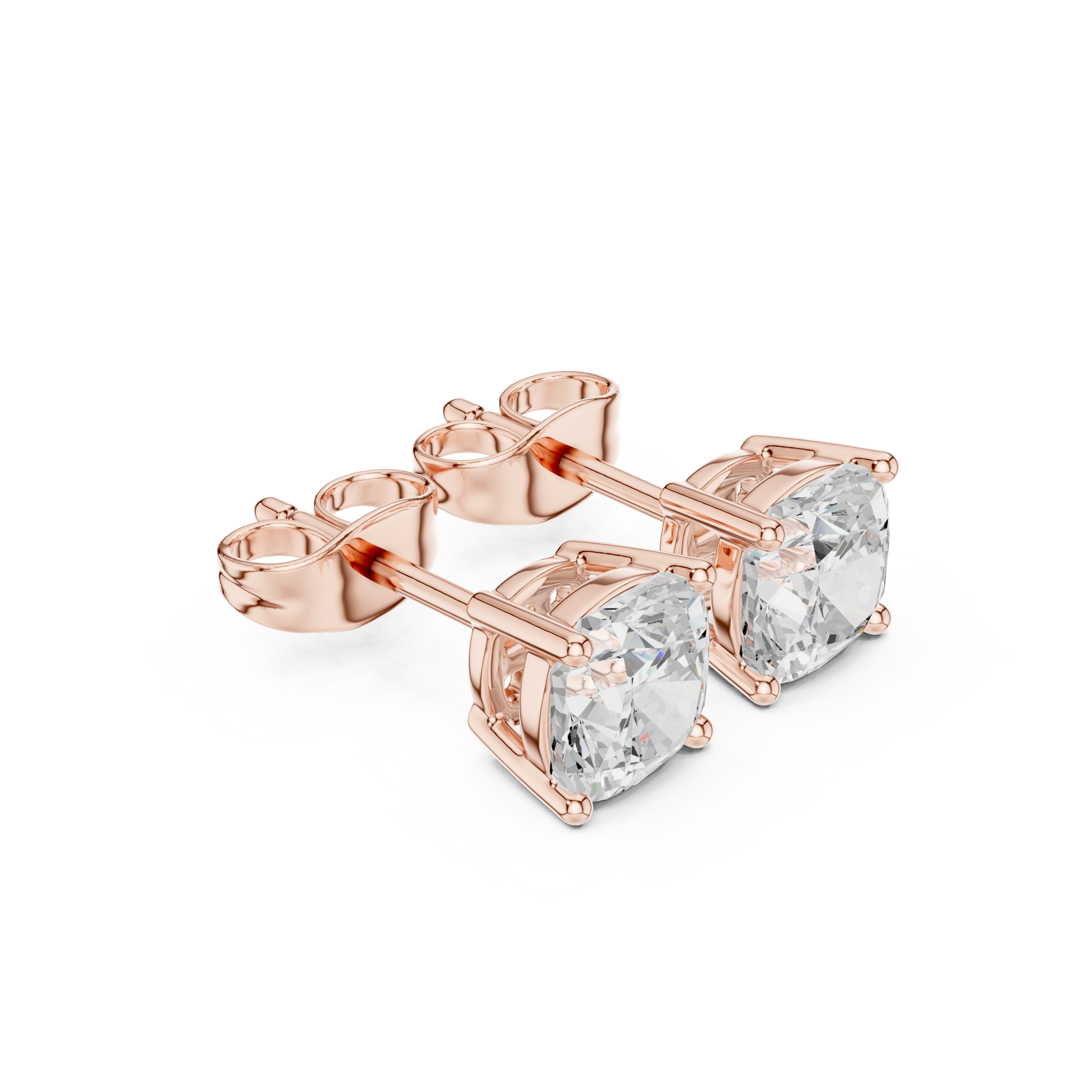 Cushion cut diamond stud earring with push-back closure in 14k rose gold