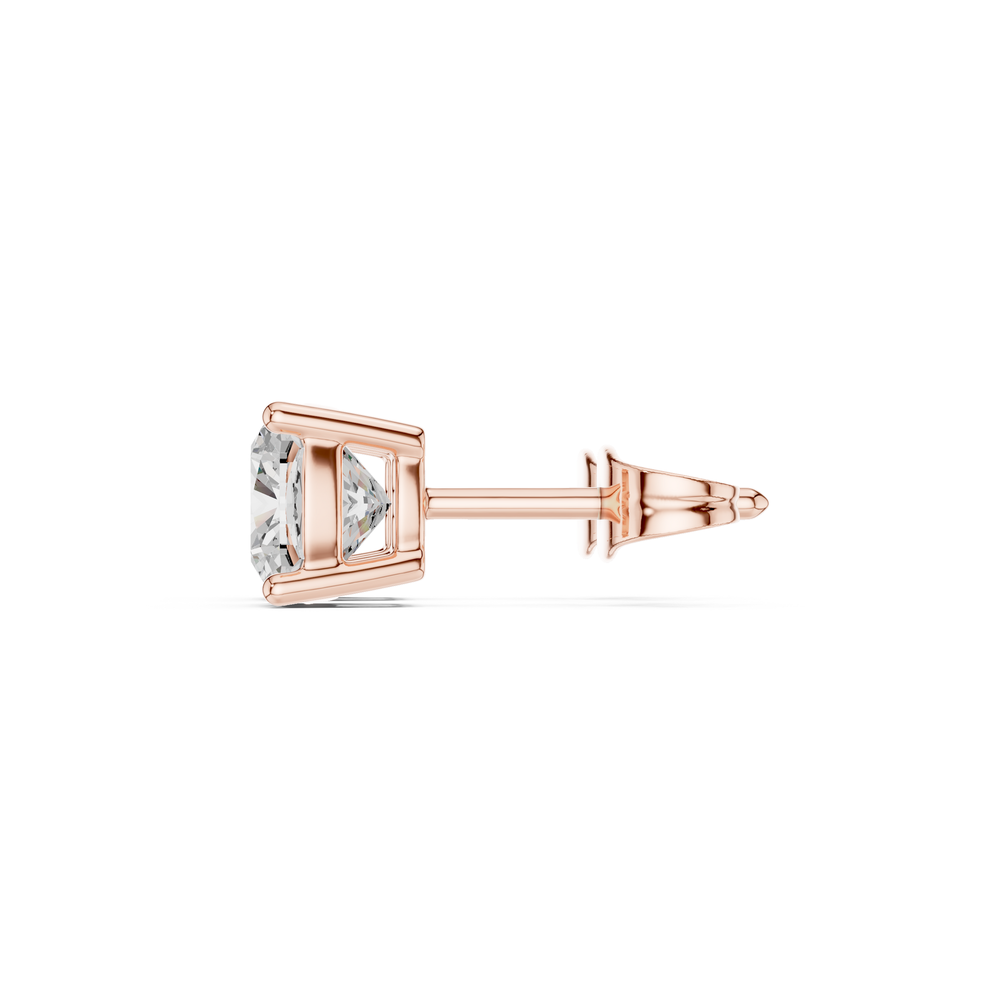 Cushion cut diamond stud earring with push-back closure in 14k rose gold
