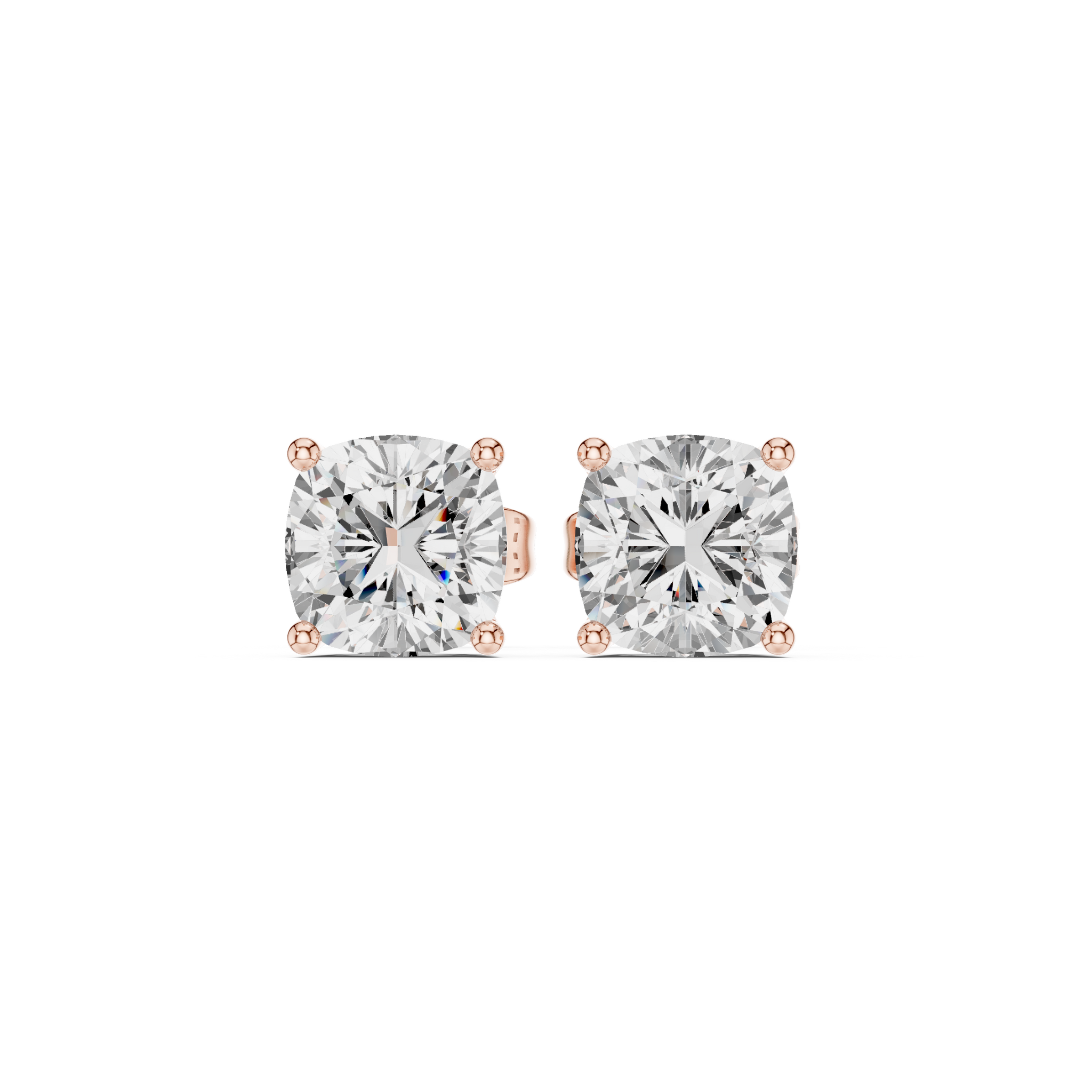 Cushion cut diamond stud earring with push-back closure in 14k rose gold