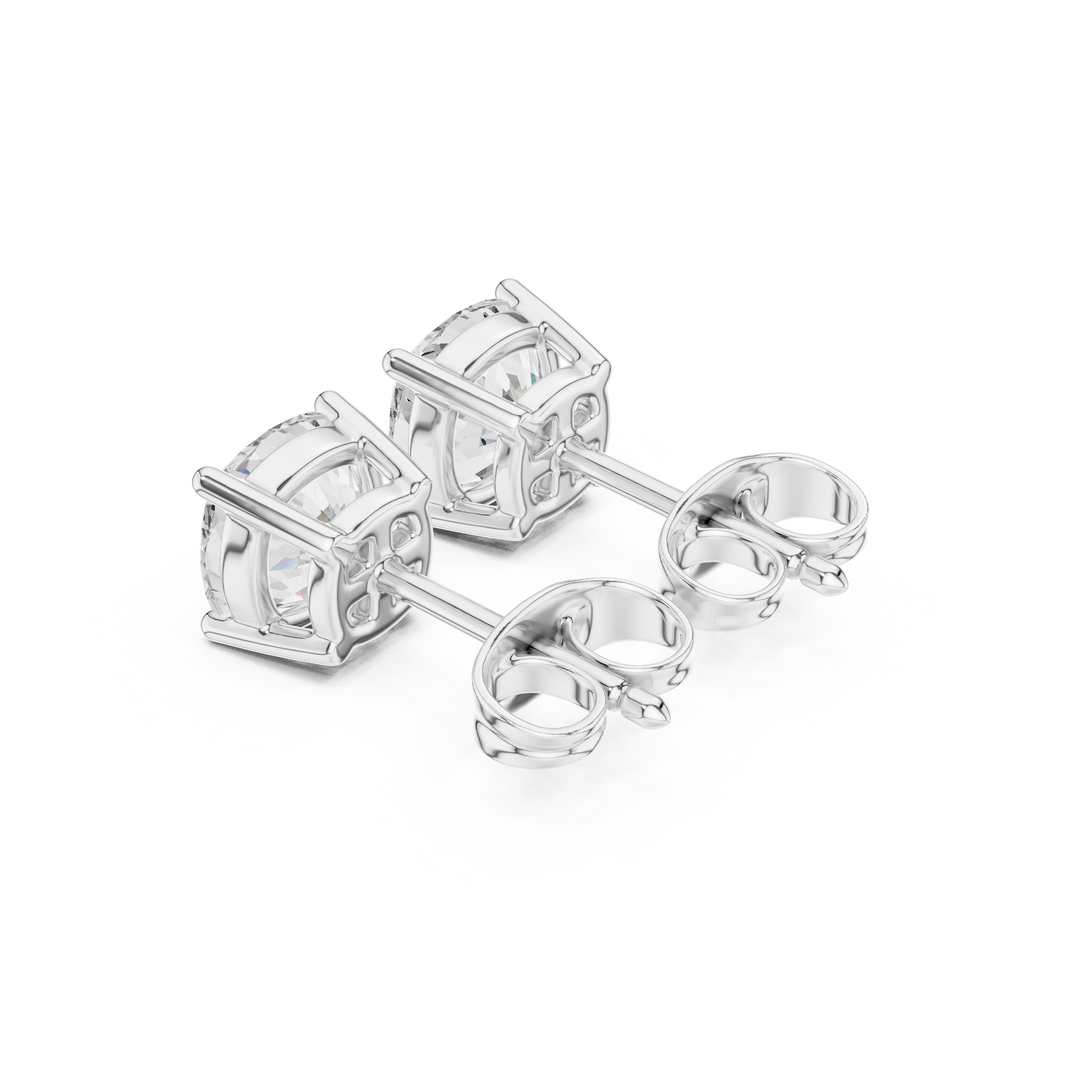 Cushion cut diamond stud earring with push-back closure in 14k white gold