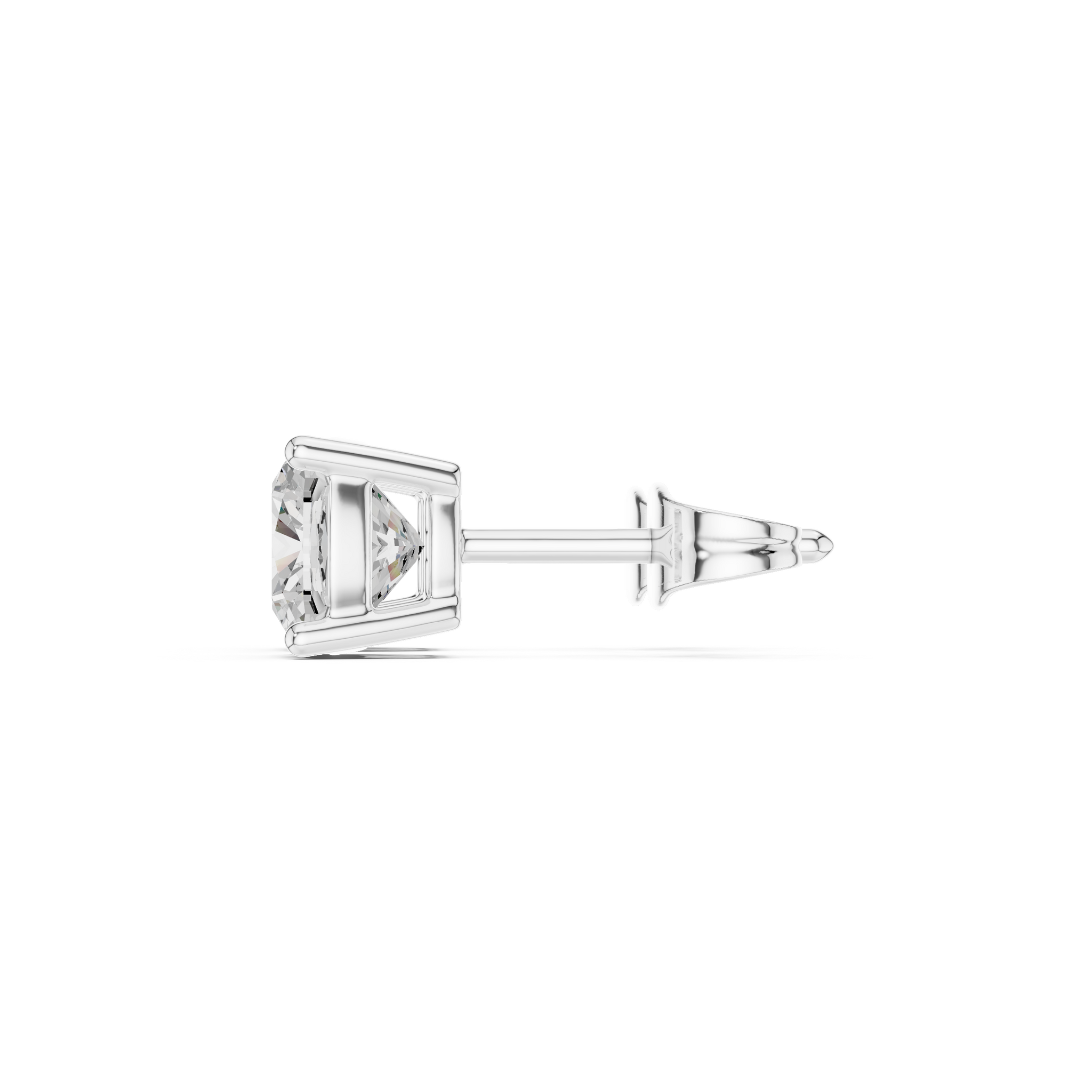 Cushion cut diamond stud earring with push-back closure in 14k white gold
