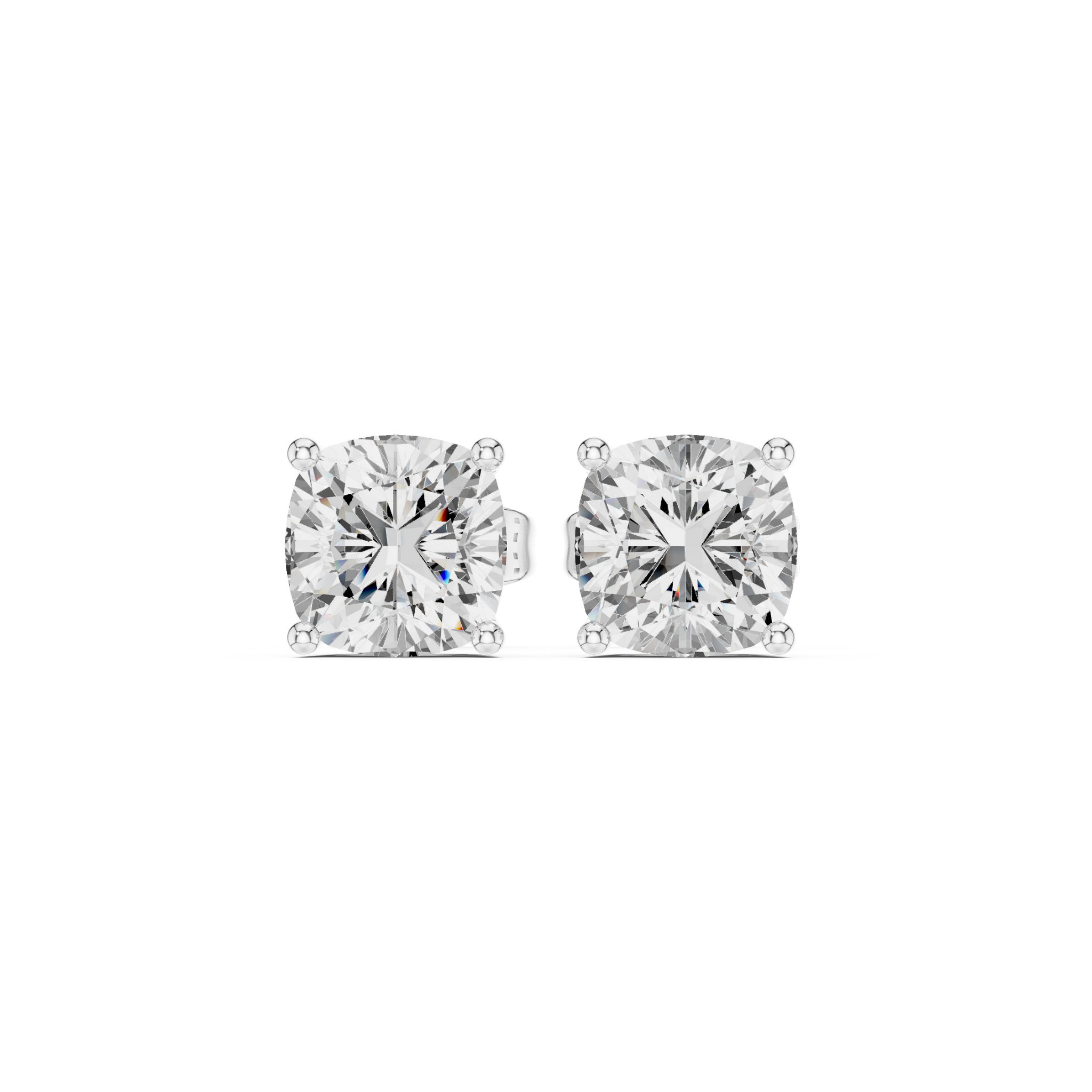 Cushion cut diamond stud earring with push-back closure in 14k white gold