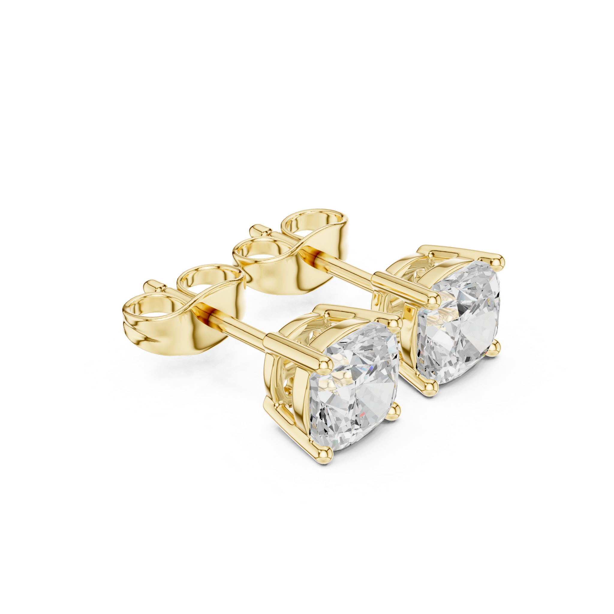 Cushion cut diamond stud earring with push-back closure in 14k yellow gold