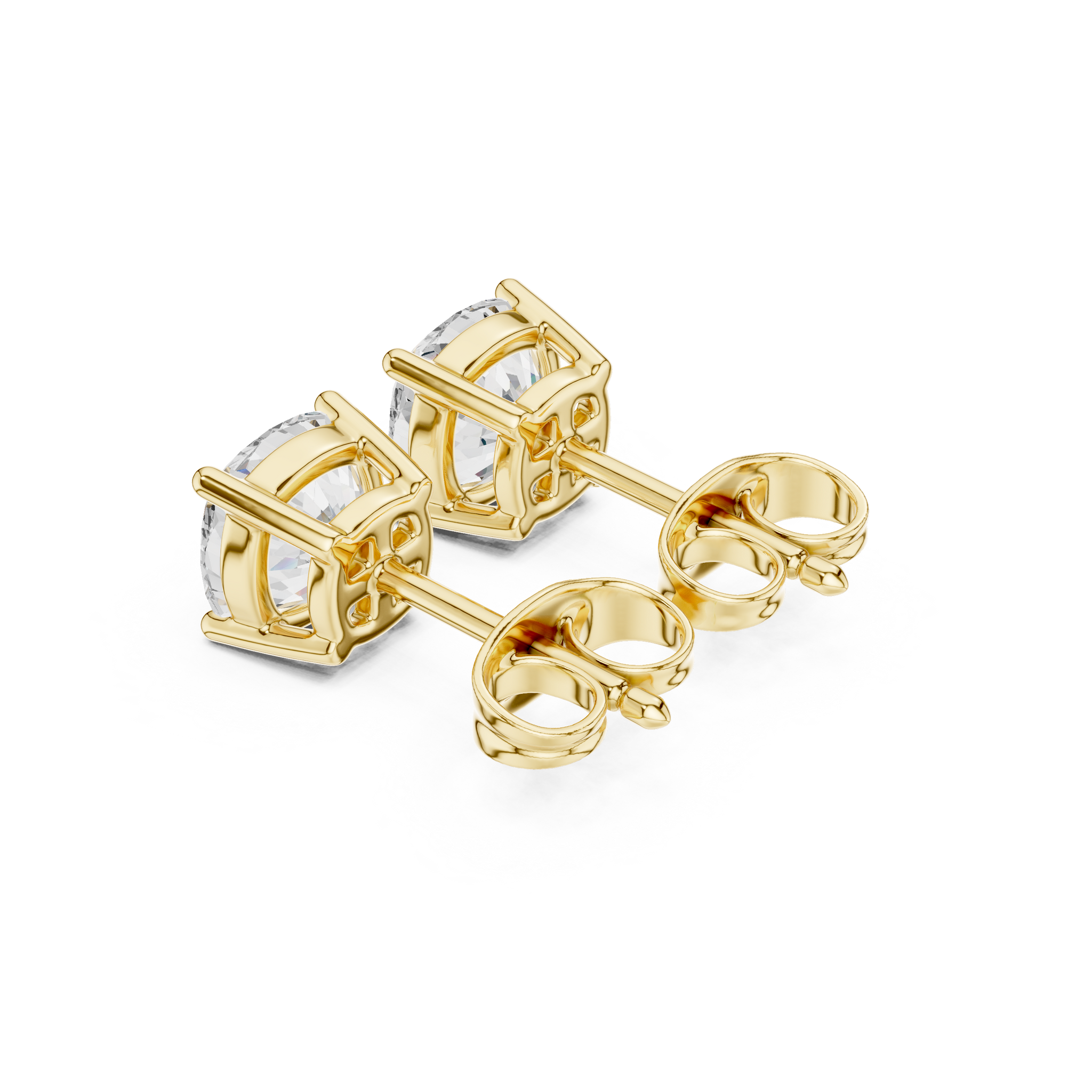 Cushion cut diamond stud earring with push-back closure in 14k yellow gold
