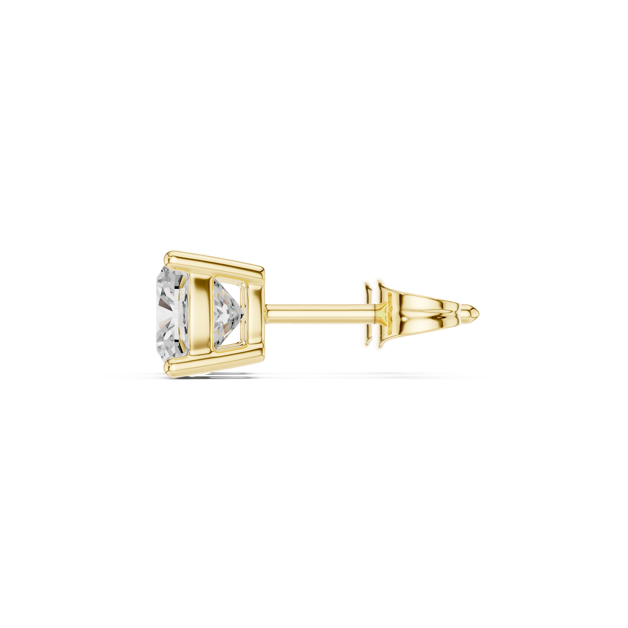 Cushion cut diamond stud earring with push-back closure in 14k yellow gold