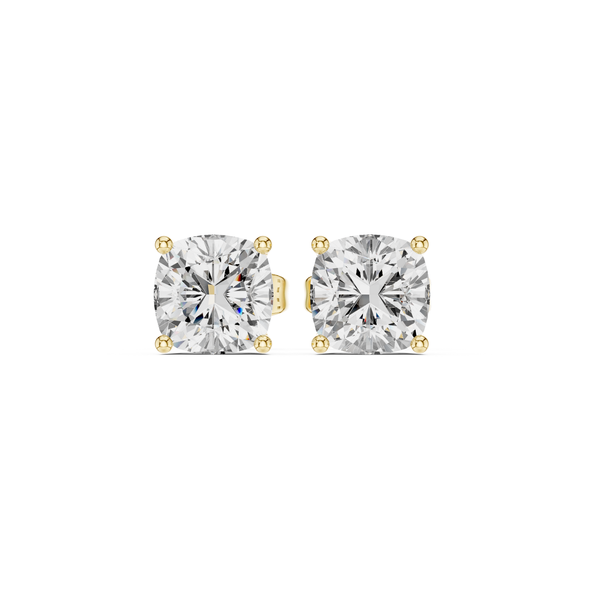 Cushion cut diamond stud earring with push-back closure in 14k yellow gold