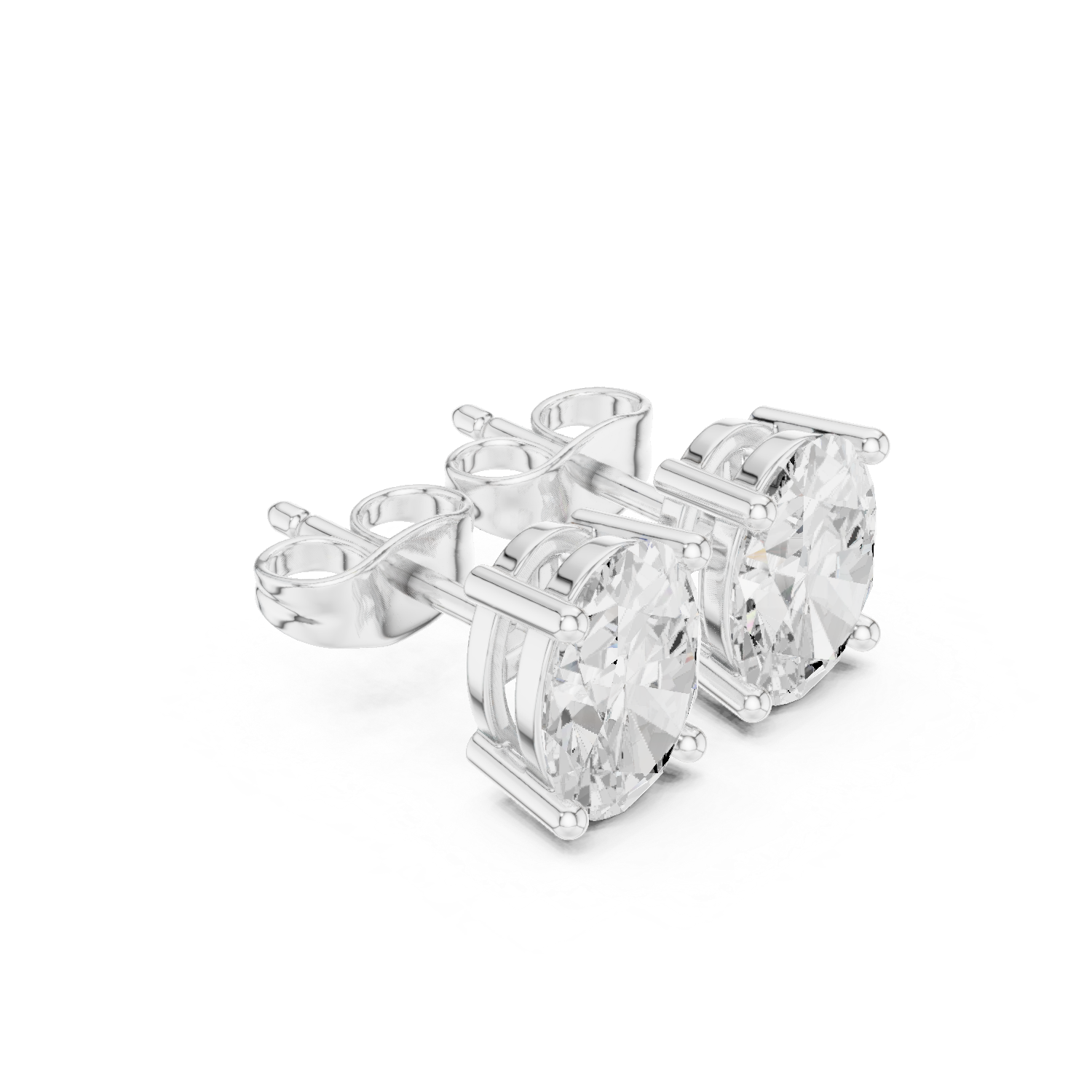 Oval cut diamond stud earring with push-back closure in 14k white gold